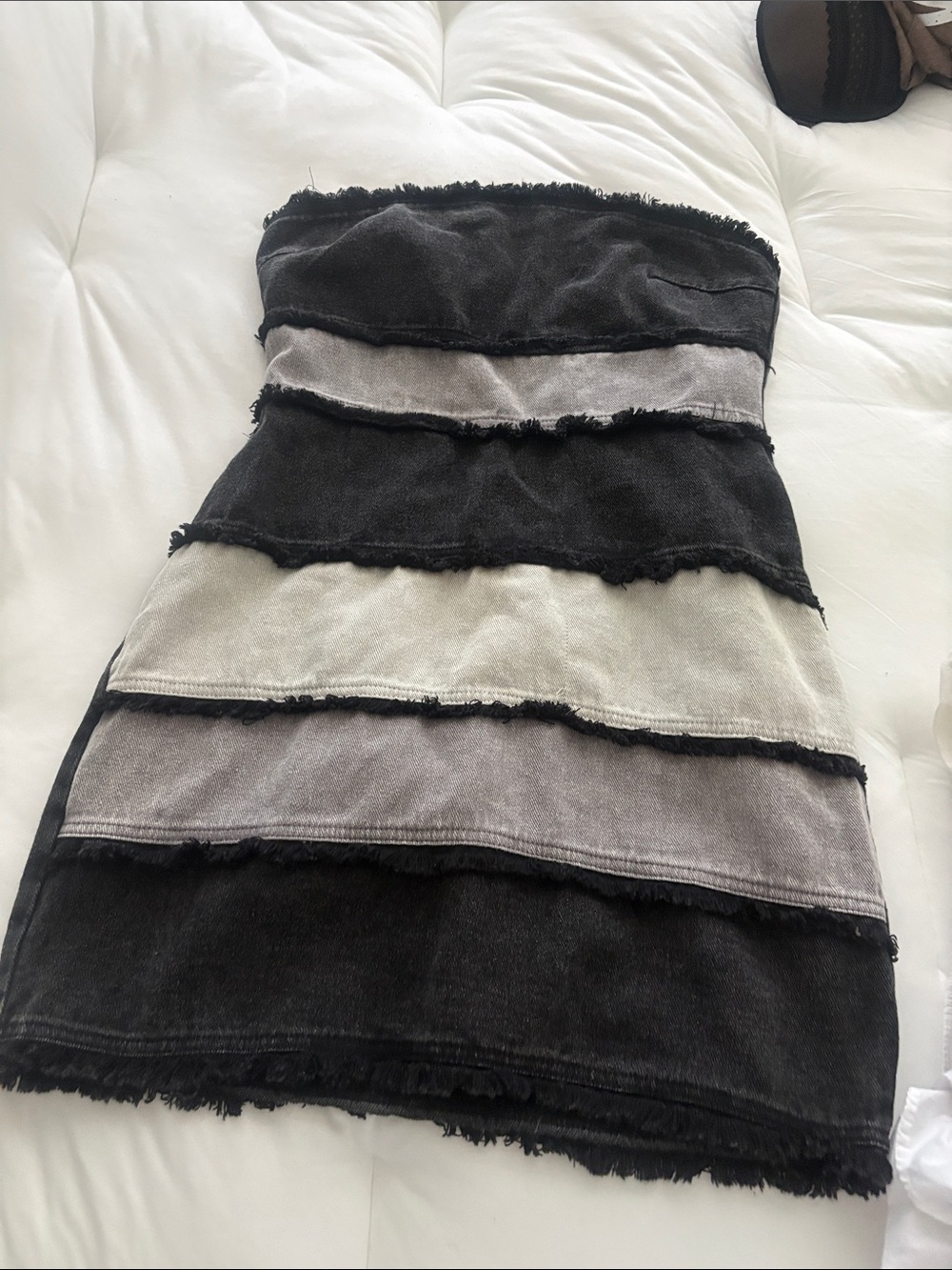Striped Strapless Mini Dress in Black and Gray